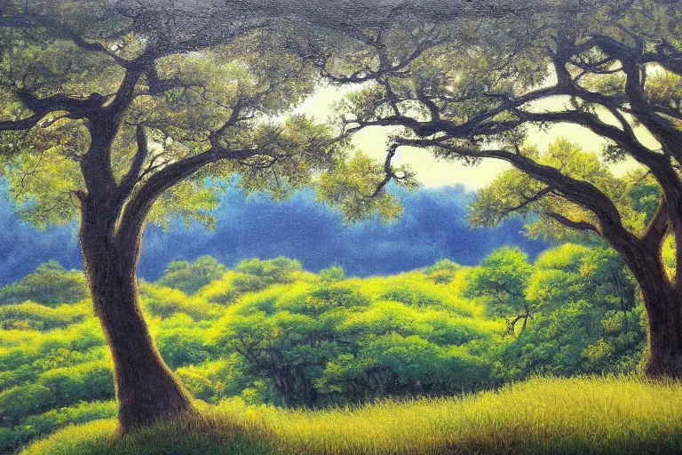 Image similar to masterpiece painting of oak trees on a hillside overlooking a creek, dramatic lighting, by hiro osono