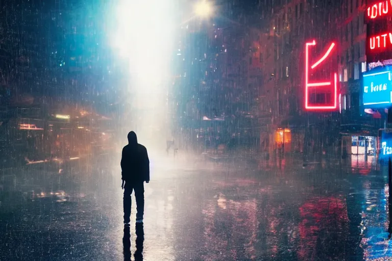 Image similar to a cinematic photograph of jesus walking through a utopian city street on a sunny day, rain falls, neon advertisement light up the street, ultra realistic, high definition