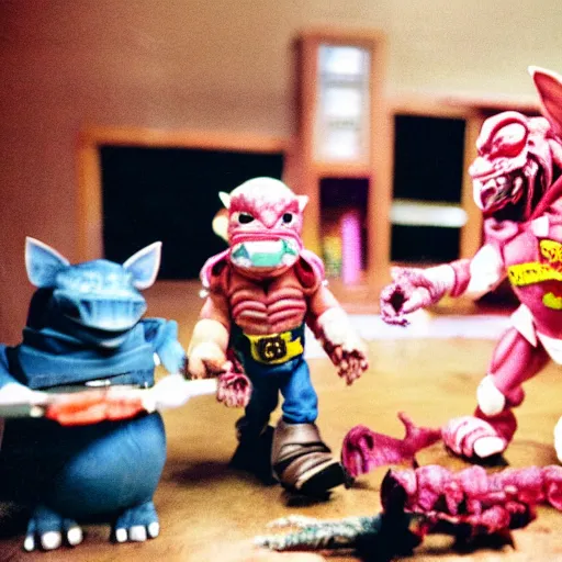 Image similar to joe biden, master splinter holding a megazord battling krang inside abandoned dollhouse, 35mm film