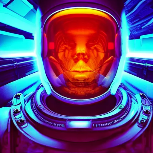 Image similar to digital art artwork of an astronaut entering Valhalla by H. R. Giger, trending on artstation, Unreal Engine 5, 8K, colorful, neon colors