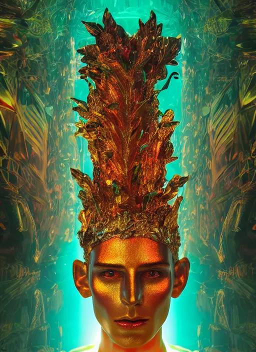 Image similar to photo of baroque and bladerunner delicate neon emerald sculpture of seductive king adrien sahores tigers orange iridescent humanoid deity wearing metallic jungle leaves holding the sun prismatic dungeon, glowing rainbow face, crown of white diamonds, cinematic lighting, photorealistic, octane render 8 k depth of field 3 d