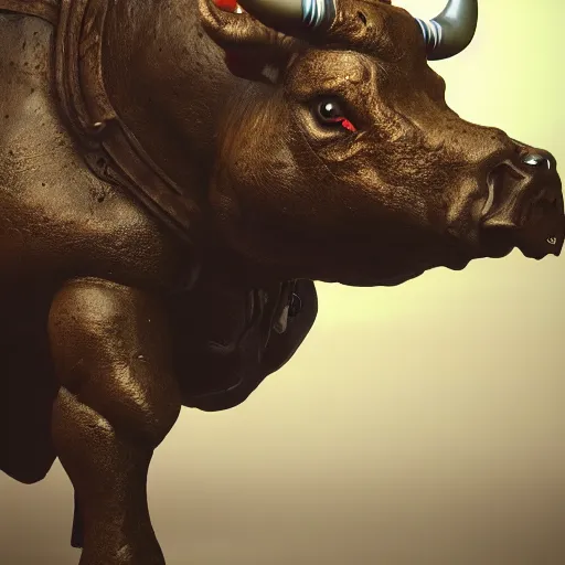 Image similar to a cyborg ( bull ) modeled after a bull looking into the camera, android, cyborg, full body shot, intricate, 3 d, hyper realism, fantasy, depth of field, octane render, symmetrical, highly detailed, digital art, artstation, concept art, cinematic lighting, trending