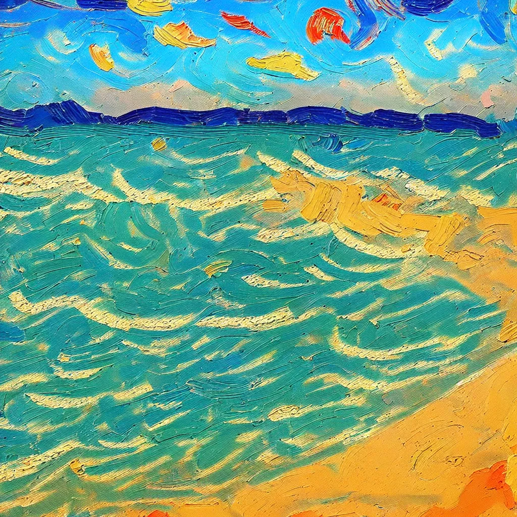 Prompt: beautiful Italian beach scene painted in a style of painting similar to Van Gogh but more impasto and less hatching