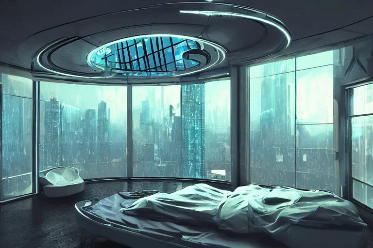 Image similar to a futuristic bedroom with large curved ceiling high windows looking out to a far future cyberpunk cityscape, cyberpunk neon lights, raining, scifi