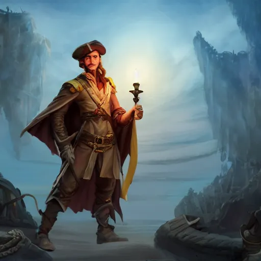 Image similar to concept art of a swashbuckler holding a candle holder discovering a sunken city, wearing a cape, on a ship, highly detailed, digital art, illustration, artstation, very detailed, 4 k