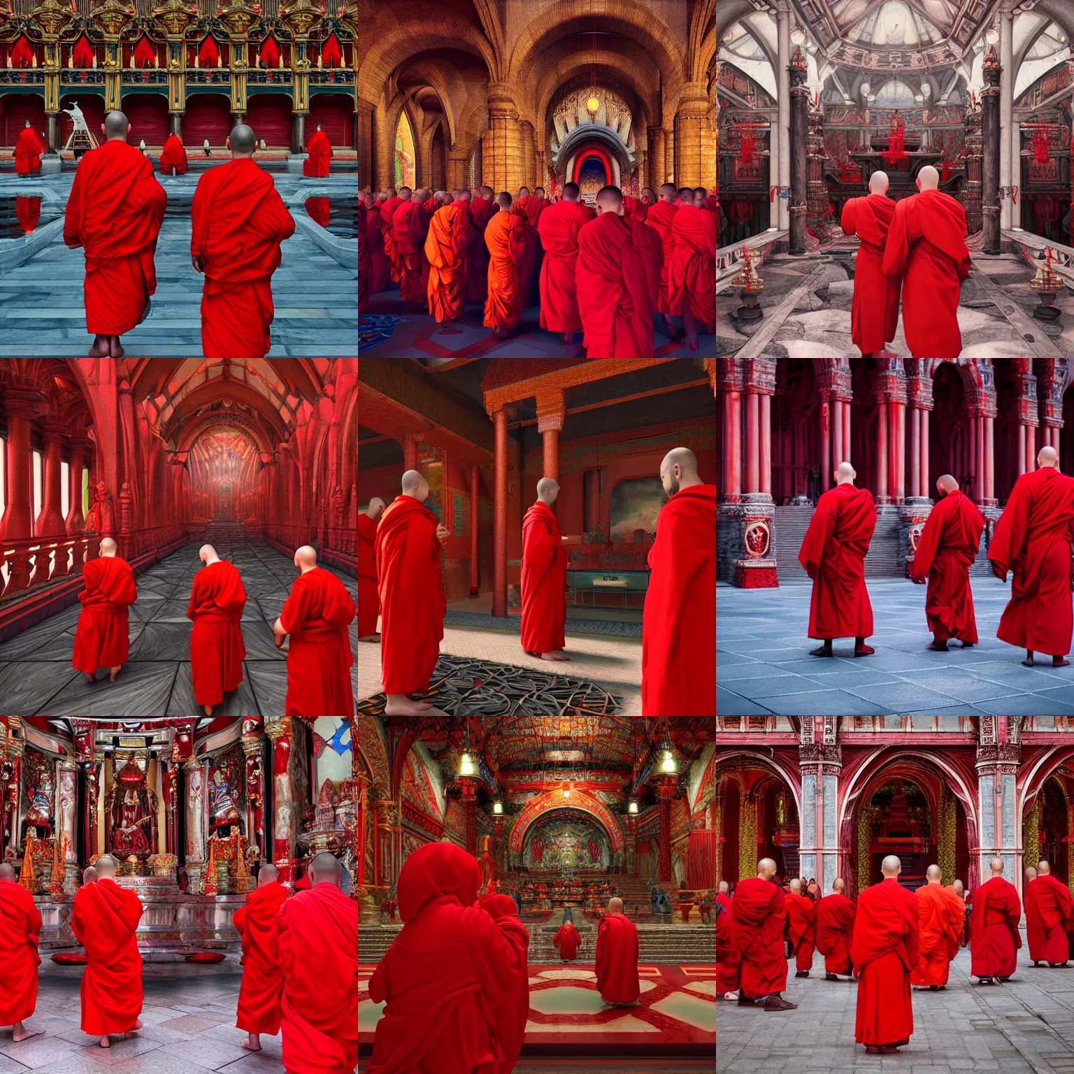 Prompt: monks in red robes worshipping at the vibrant monument of beats intricately detailed, physically based rendering, realistic, in the style of WLOP, illustration, epic, fantasy, hyper detailed, smooth, unreal engine, sharp focus, ray tracing