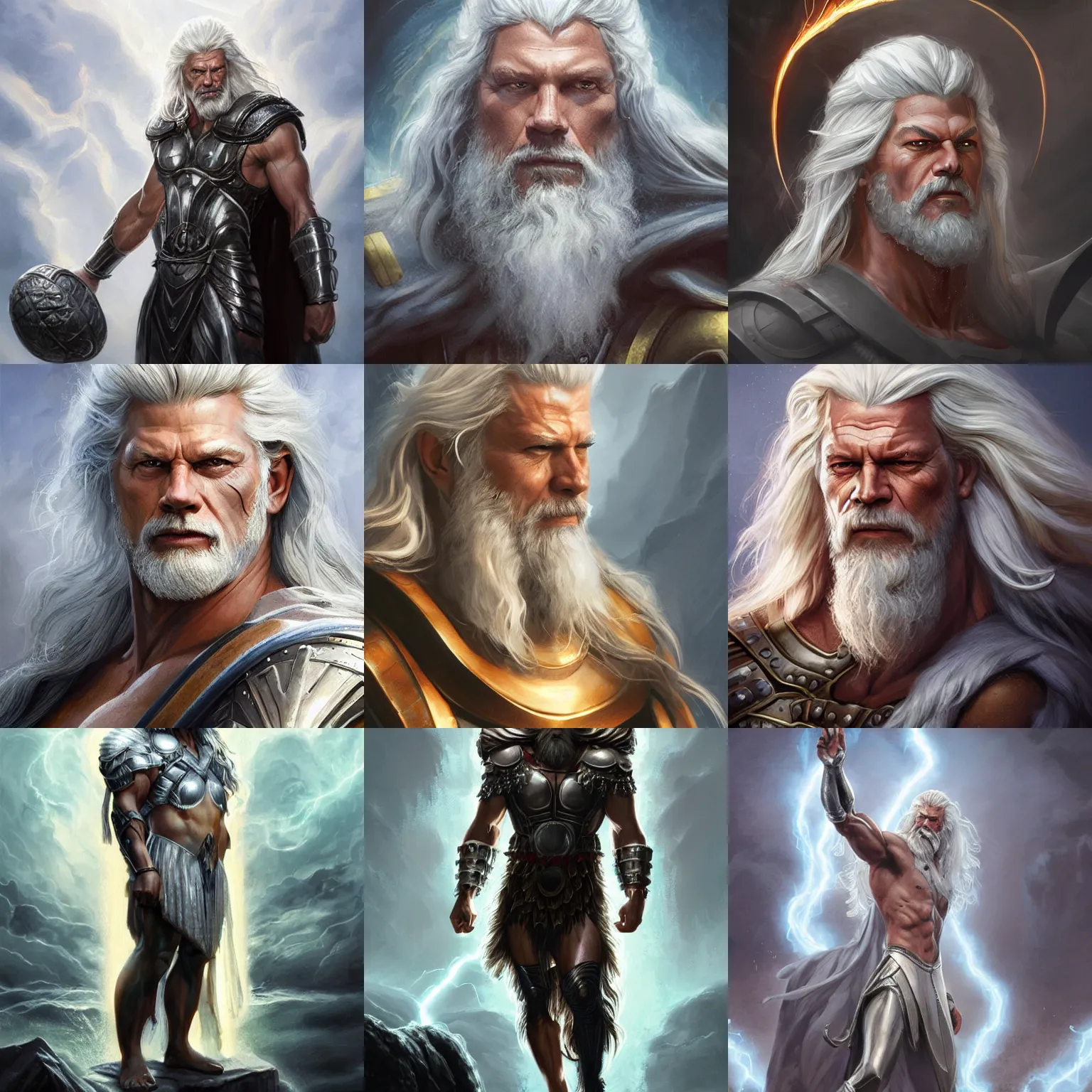 Prompt: zeus, god of thunder, stephen lang, armor, long white hair, lightning, D&D, fantasy, highly detailed, digital painting, trending on artstation, concept art, sharp focus, illustration, art by artgerm and greg rutkowski and magali villeneuve