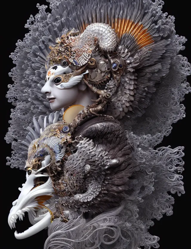 Image similar to 3 d goddess close - up profile portrait biomechanics with ram skull. beautiful intricately detailed japanese crow kitsune mask and clasical japanese kimono. betta fish, jellyfish phoenix, bio luminescent, plasma, ice, water, wind, creature, artwork by tooth wu and wlop and beeple and greg rutkowski