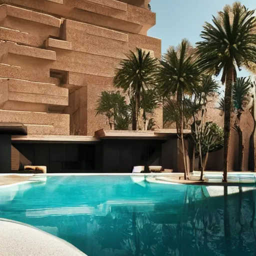 Prompt: brutalism building in the desert, biophilia mood, pool, garden, highly detailed, cinematic, photorealistic,