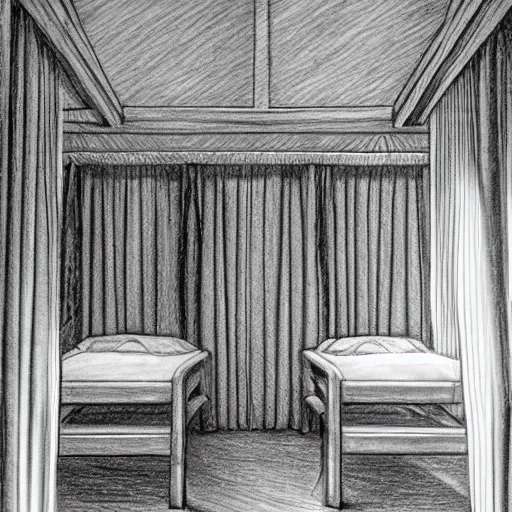 Image similar to hogwarts boy dormitory with rows of beds early in the morning, sun shining behind closed curtains, realistic and detailed pencil drawing