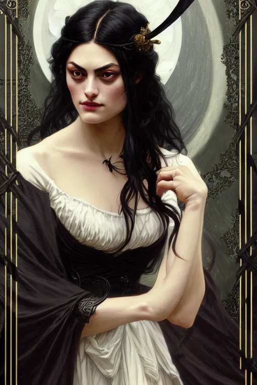 Prompt: Phoebe Tonkin dressed in Victorian fashion with black hair, D&D, fantasy, intricate, elegant, highly detailed, digital painting, artstation, concept art, matte, sharp focus, illustration, art by Artgerm and Greg Rutkowski and Alphonse Mucha