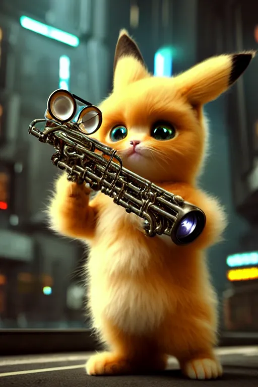 Image similar to high quality 3 d render very cute fluffy cyborg!! cat plays trumpet, cyberpunk highly detailed, unreal engine cinematic smooth, in the style of blade runner & detective pikachu, hannah yata charlie immer, moody light, low angle, uhd 8 k, sharp focus