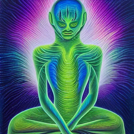 Prompt: painting of a tranquil alien made of light and glows meditating in dense forest by alex grey, acrylic art, ethereal, soothing, somber, elegant, warm light, cozy