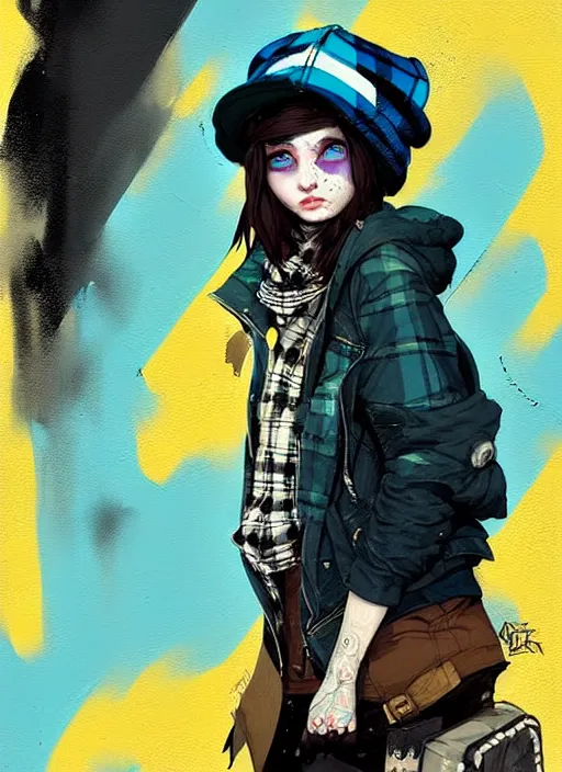 Image similar to highly detailed portrait of a sewer punk lady student, blue eyes, tartan hoody, hat, white hair by atey ghailan, by greg rutkowski, by greg tocchini, by james gilleard, by joe fenton, by kaethe butcher, gradient yellow, black, brown and cyan color scheme, grunge aesthetic!!! ( ( graffiti tag wall ) )