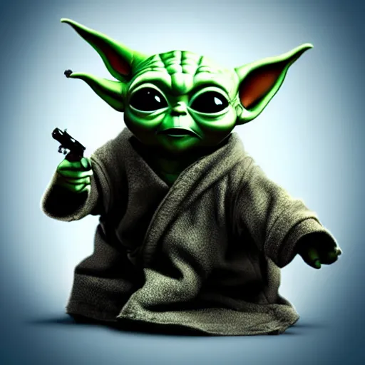 Image similar to baby yoda pointing a gun at you