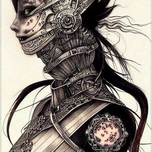 Image similar to prompt: Fragile looking vessel portrait tattooed face character soft light drawn by Vania Zouravliov and Takato Yamamoto, inspired by Fables, shiny knight armour, magical and alchemical weapons, soft light, white background, intricate detail, intricate ink painting detail, sharp high detail, manga and anime 2000