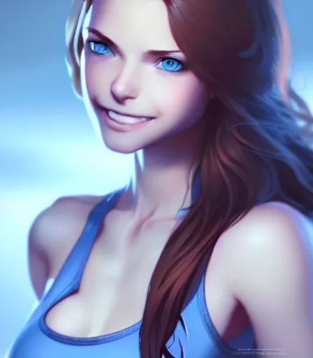 Image similar to drawing of a woman with blue eyes, brown hair and a perfect body, wearing clothes, character design by charlie bowater, ross tran, artgerm, and makoto shinkai, detailed, soft lighting, rendered in octane