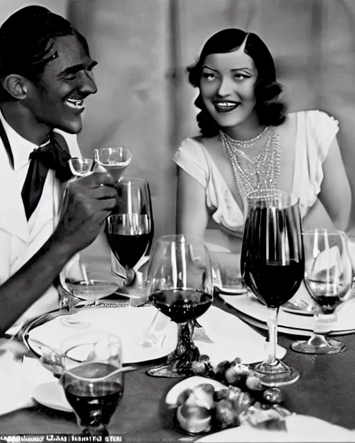 Prompt: the image is a lost hollywood film still 1 9 3 0 s photograph of a woman with ebony skin, long hair, and silver - colored eyes having an intimate dinner with her handsome husband. they are laughing and enjoying each other's company over a glass of wine. vibrant cinematography, anamorphic lenses, crisp, detailed image in 4 k resolution.