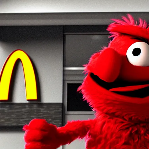 Image similar to a still of elmo in a mcdonalds, award - winning, photograph, 3 d render, unreal engine, 4 k detailed