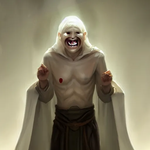 Prompt: Pale-skinned man with a pinched face, crazed eyes, and a strained toothy grin. He has short blond unwashed hair. He wears a white oversized cultist robe that is dirty and stained. Epic fantasy art, award winning on Artstation.