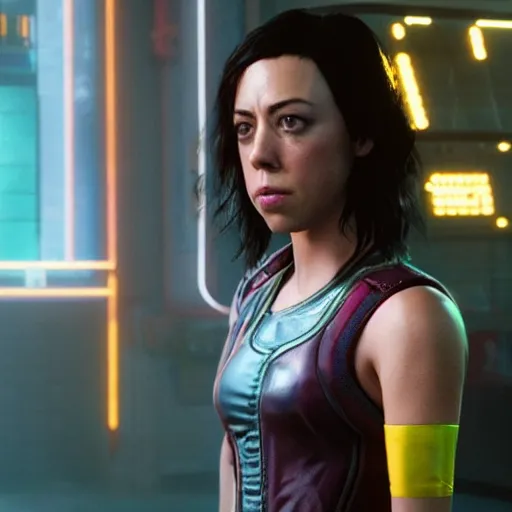 Image similar to aubrey plaza as character in cyberpunk 2 0 7 7