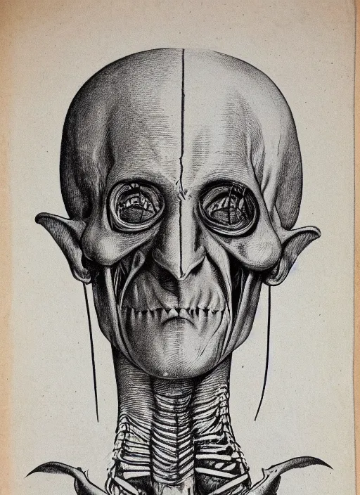 Prompt: vintage medical anatomical illustration of nosferatu head, highly detailed, labels, intricate writing