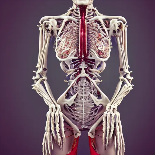 Prompt: Portrait of the reproductive organs of a woman with many biomechanical details wrapped in bones, full lenght view. white plastic, skull, muscles, tumors, veins, !!!Vogue magazine!!! halo. octane rendering, cinematic, hyperrealism, octane rendering, 8k, depth of field, bokeh. iridescent accents. vibrant. teal gold and red color scheme, 8k