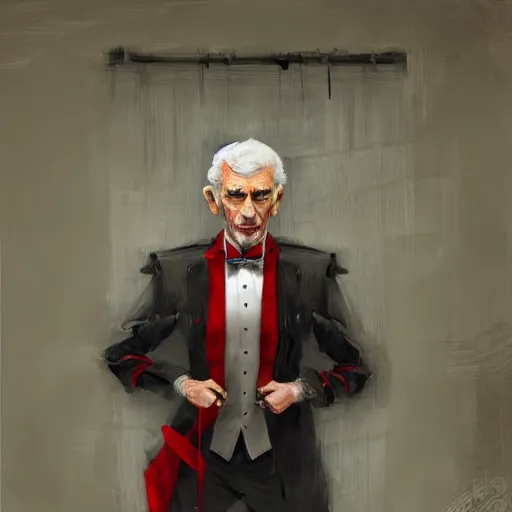 Image similar to portrait of a puppet master, grey hair and a tuxedo, harsh good looking face, middle aged, surrounded by red curtains, drawn by Ruan Jia, disco elysium style, highly detailed