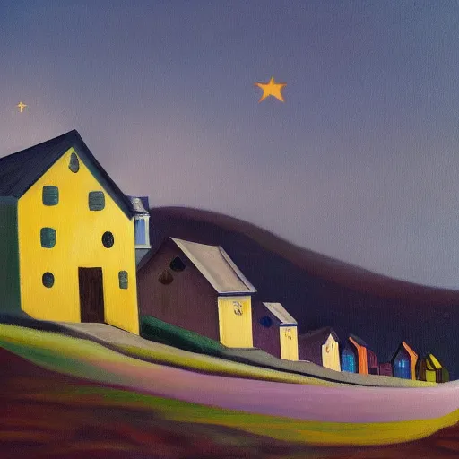 Image similar to a painting of a small village with crooked wooden houses designed by Tim Burton, the village is on a hill, the sky is dark with stars shining through, in the style of Edward Hopper, 4K,