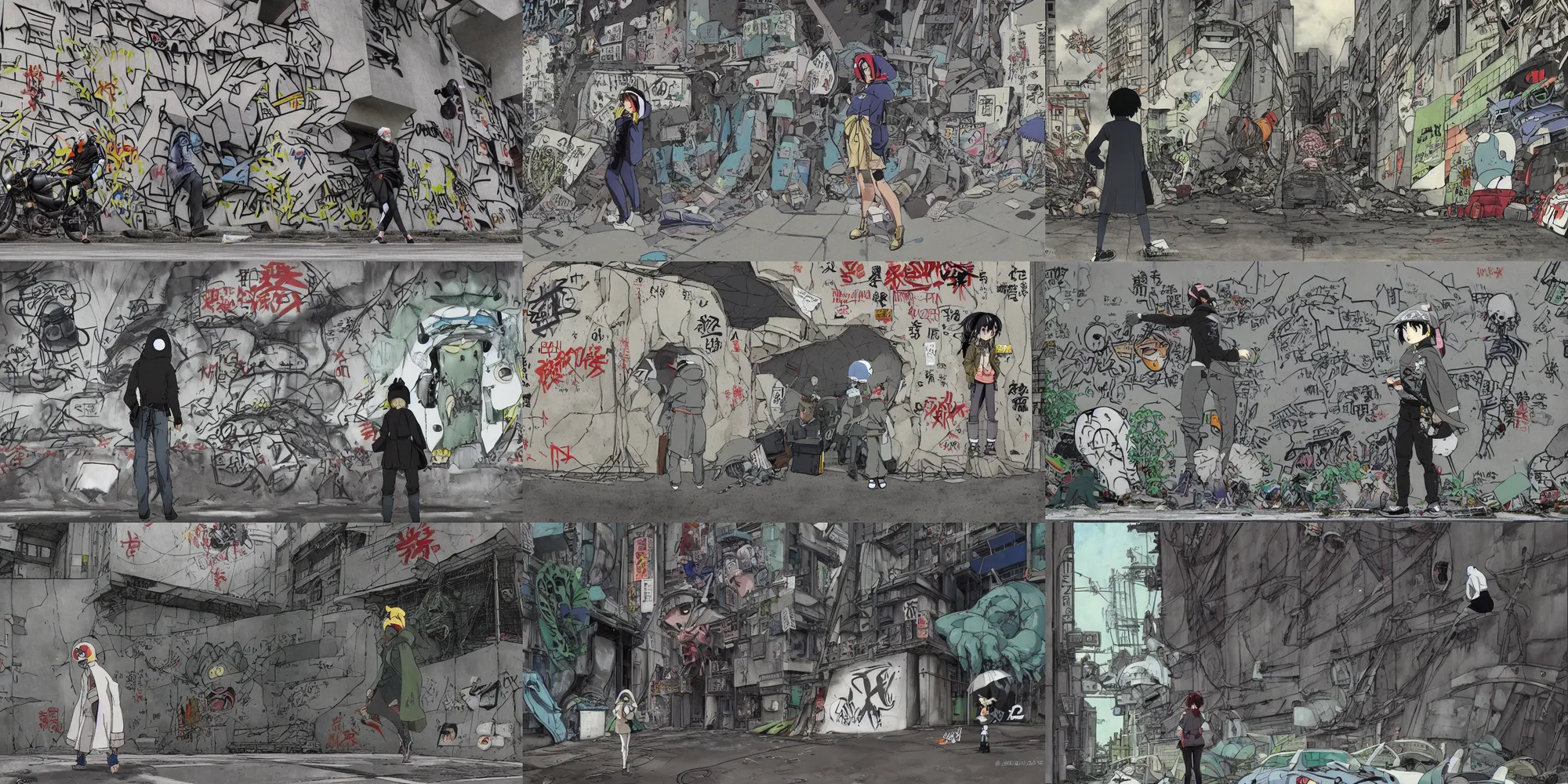 Prompt: masamune shirow, ghibli, miyazaki movie scene, vansishing point, focal point, foreground, midground, ultra wide, brutalist, white hoodie girl outside a large hole in the side of a concrete wall, black depths, posters, notices, graffiti, banners, police tape, junk, overgrown, spiderwebs