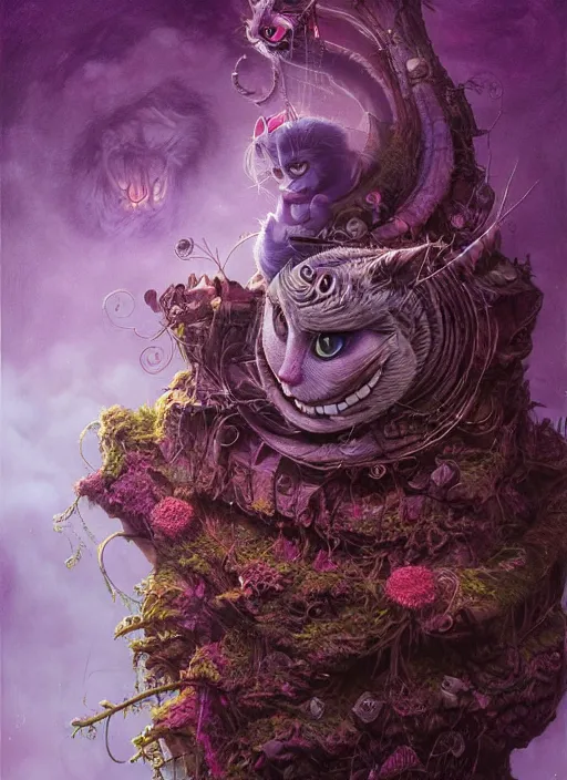 Image similar to cheshire cat, highly detailed, cinematic, 8 k, by megan duncanson, benjamin lacombe, stanley artgermm, tom bagshaw, craig mullins, carne griffiths, ayami kojima, beksinski, giger, trending on deviantart, hyper detailed, horror, full of colour