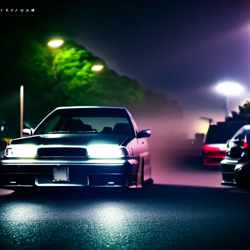 Prompt: a car JZX100 twin turbo at illegal car meet, Saitama prefecture, city midnight mist lights, cinematic color, photorealistic, highly detailed, 200MM