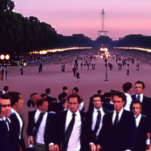 Image similar to still of emmanuel macron clones, invading place de la concorde, in american psycho ( 1 9 9 9 ), sunset