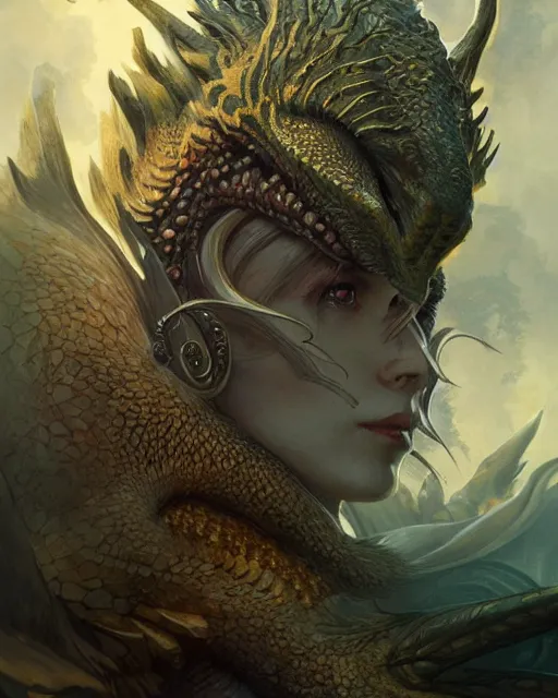 Image similar to Portrait of a dragon person, HD, illustration, epic, D&D, fantasy, intricate, elegant, highly detailed, digital painting, artstation, concept art, smooth, sharp focus, illustration, art by artgerm and greg rutkowski and alphonse mucha, monster hunter illustrations art book