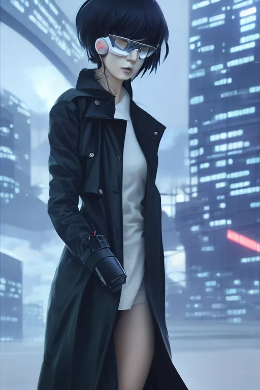 Image similar to realistic render of a cyborg - girl wearing a long trench coat by wlop, futuristic dystopian city by ilya kuvshinov, digital anime art by ross tran, composition by sana takeda, lighting by greg rutkowski