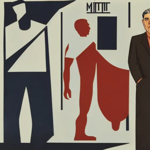 Image similar to minimalist soviet propaganda of robert mueller standing with folded arms, by le corbusier and diego rivera