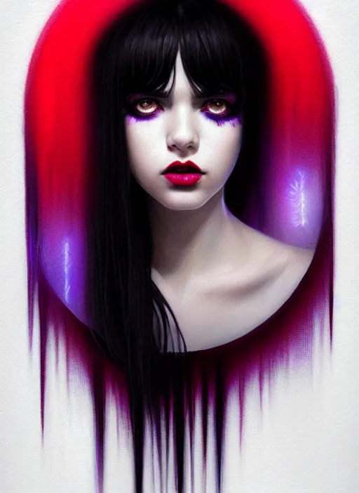 Image similar to portrait of teenage girl, red irises, red eyes, black hair, white bangs, purple lipstick, white bangs, bangs, black hair and white bangs, intricate, elegant, glowing lights, highly detailed, digital painting, artstation, concept art, smooth, sharp focus, illustration, art by wlop, mars ravelo and greg rutkowski