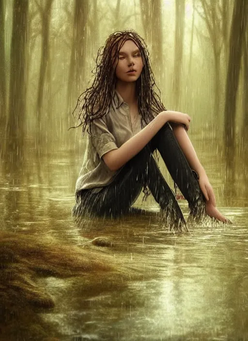 Image similar to young woman sitting : : wet hair and shirt : : raining forest nature : : weta disney pixar movie still photo : : decadent highly - detailed digital painting, full length shot, golden ratio, octane render, artstation, smooth, sharp focus, artgerm, mucha, loish, wlop, gogo