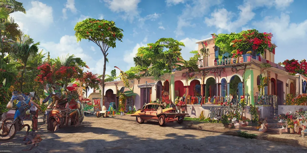 Prompt: An epic fantastic realism comic book style painting of the mexican colonial town environment with beautiful houses, exquisite bouquets from an happy culture, fisheye, unreal 5, DAZ, hyperrealistic, octane render, dynamic lighting