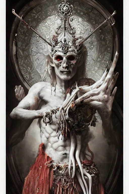 Prompt: breathtaking detailed painting of a sevil god of meat and bones, intricate art nouveau white metal strokes, meat and blood stained glass, rembrandt style, elegant, highly detailed, artstation, concept art, matte, sharp focus, art by tom bagshaw, and greg rutkowski