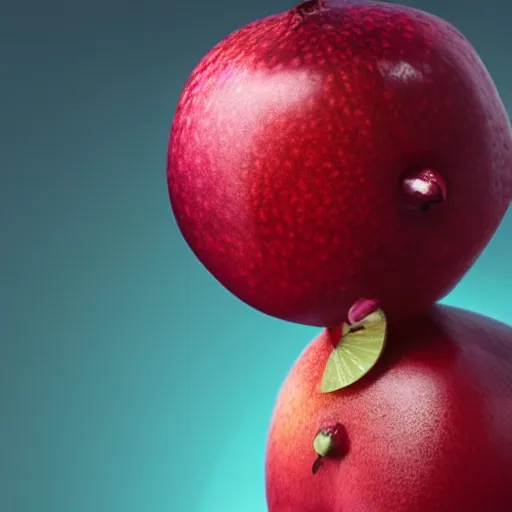 Image similar to fruit character that looks just like michelle obama as a pomegranate, 8 k, fruit eyes, fruit world, beautiful matte painting, by johfra bosschart, hyper realistic, studio lighting, octane render