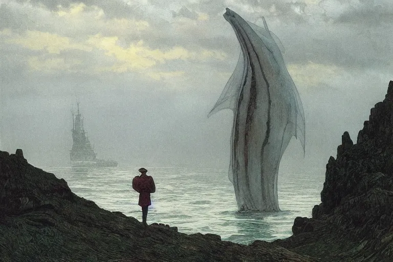 Prompt: a grey mushy organic leviathan rising from the water at a sea shore, foggy day, cinematic scene, matte paitning, grey shift, scp, art by caspar david friedrich and alphonse mucha