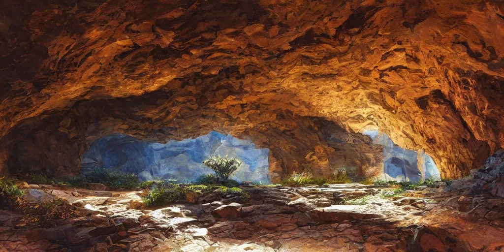 Prompt: painting of majestic curved wall in a dark cave with rocky ground and mosaics, minimal, art by james gurney and greg rutkowski, vivid colors