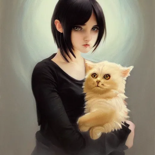 Image similar to a painting of cute innocent happy emo young adult, with long dark hair, thick eyebrows, dark eyes and dark circles wide nose, big eyes, oval face, big cheeks holding her cat, photorealistic painting by tran nguyen ilya kuvshinov and greg rutkowski featured on deviantart, detailed painting