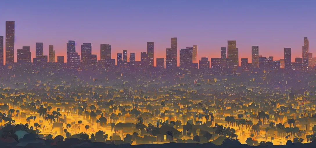 Image similar to visual development of los angeles skyline cityscape at dusk by lou romano, pixar disney dreamworks sony animation