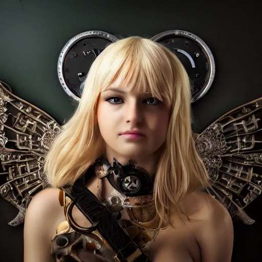 Image similar to a pretty blond steampunk seraphim in the middle of a machine city, perfect symmetrical face, cute face, 8 k, shallow depth of field, 8 k, ultra high detail, concept art, w 1 0 2 4