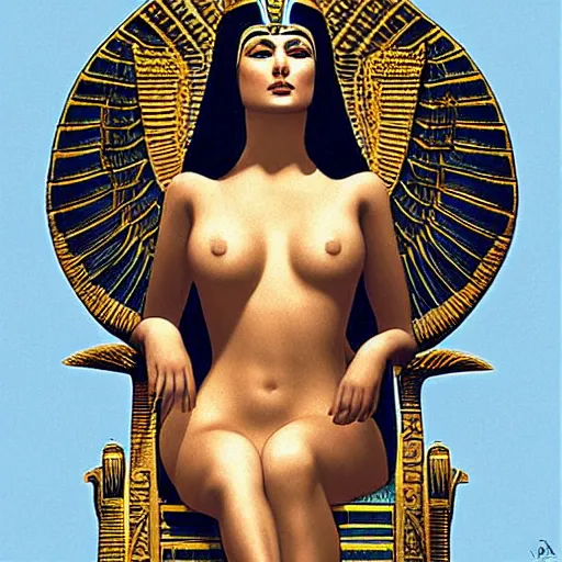 Prompt: Cleopatra sitting on her throne Egyptian architecture Monica Bellucci painted by Alberto Vargas