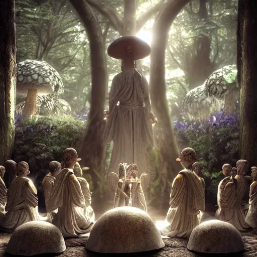 Image similar to mushroom goddess with group of elders in a ceremony for plant medicine, beautiful, hiroya oku, yoshitaka amano, chris cunningham, black and white, beautiful lighting, cinematic still, quantum gravity 3 d render, 8 k