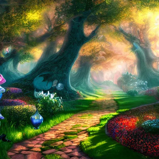 Image similar to alice in wonderland type of scenery. Vivid clolors. Computer art. Artstation. High resolution. 4k. - h 1200