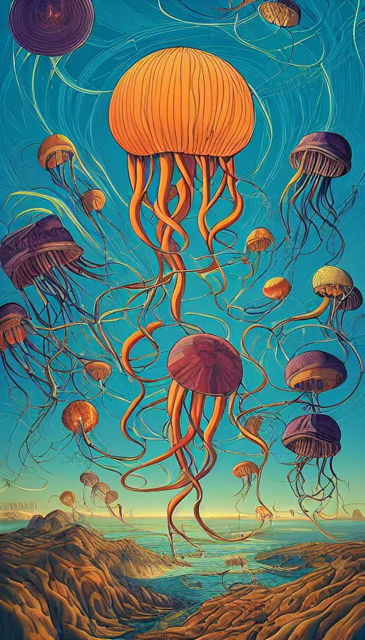 Prompt: The land of the jellyfish, italian futurism, Dan Mumford, da vinci, Josan Gonzalez